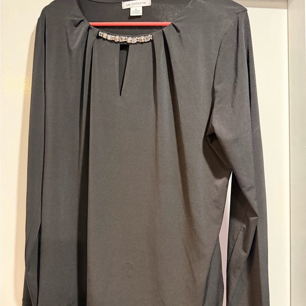 Liz Claiborne Black Long Sleeve Blouse with Beaded Neckline